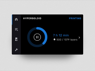 Printing Progress 3d 3d printing blue and black dark dark mode design diagram form 3 formlabs graph icon interface iot pause progress side nav touch screeen ui ux