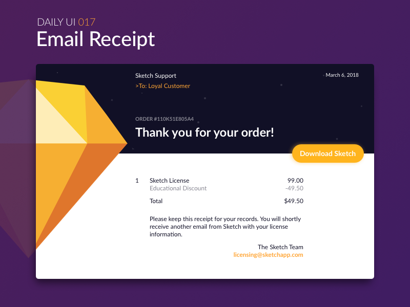 Email Receipt interface receipt download confirmation order email sketch web dailyui