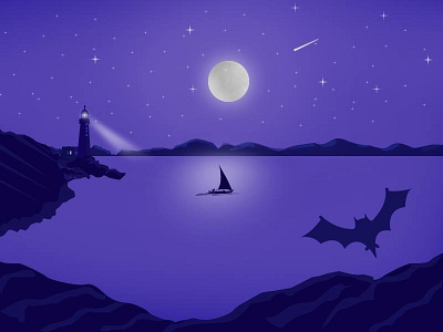 Landscape design bat landscape lighthouse moon nature night photoshop purple river star