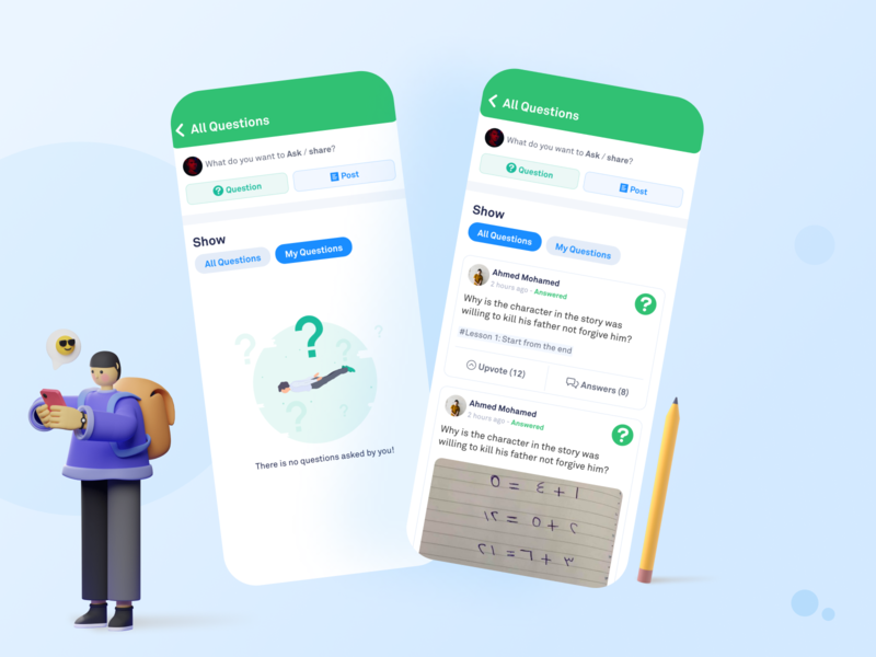 Questions - Study Group - Social Learning Platform app ask education empty state learn learning mobile mobile ui question student teacher ui upvote ux