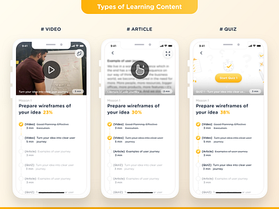 Gamified E-learning Mobile app | Content types article e learning entrepreneurship gamification gamify interaction learning app mobile ui quiz reading reading app ui ui ux ux video watching