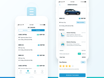 Autevo 🚙 My Orders List app book illustration list mobile mobile ui order orders previous review ui upcoming ux vector wash