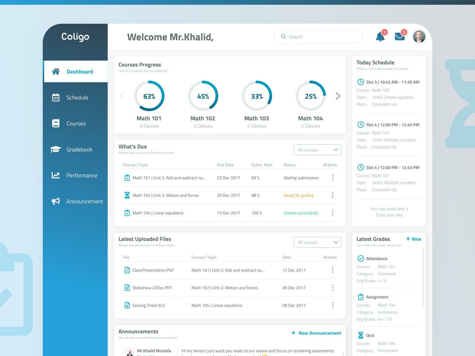 Teacher Dashboard - Learning Management System (Coligo) by Khalifa for ...