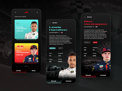 Formula 1 App | Driver & Race Details adobexd uiux uidesign appdesign app concept app design cards clean design dark ui darkmode darktheme f1 formula1 mobile app racing sports app