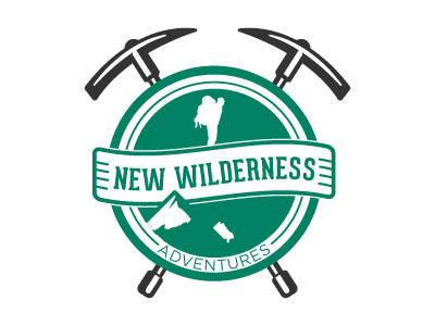 New Wilderness Adventures Take 2 badge design illustration logo mountains pick ax wip