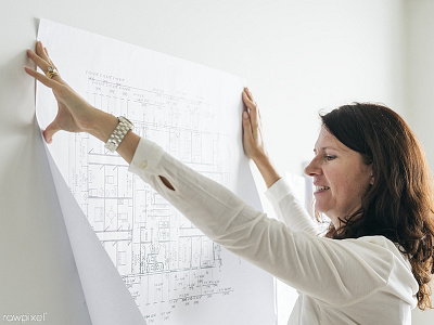 Woman in style #3 architect blueprint design holding interior photography plan present smile wall white woman