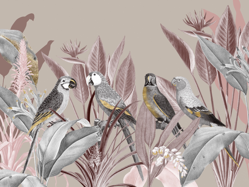 Tropical forest 01 leaves vintage illustration gold pink tropical parrots
