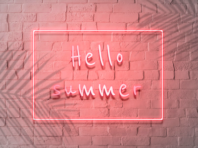 Hello summer neon sign brick wall neon neon frame neon sign palm leaves pink summer wall