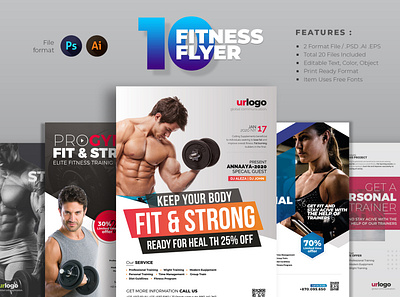 PSD Fintess Flyer Bundle 10 a4 body bundle cmyk creative design excercise fitness flyer gym layout modern pack photoshop poster print psd sport