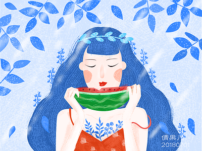 A girl who eats watermelon fresh leaves illustration ui summer sunshine watermelon girl
