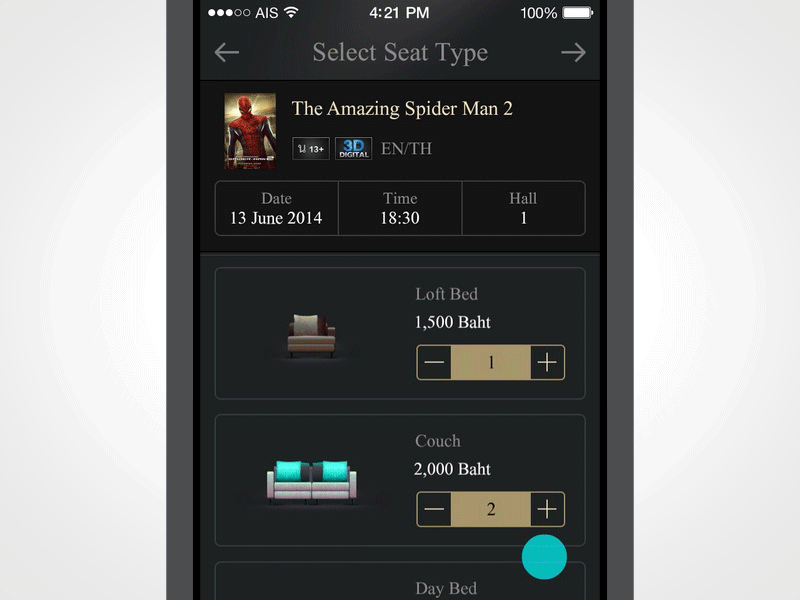 Scrolling app booking cinema dark icon iphone movie seat ui