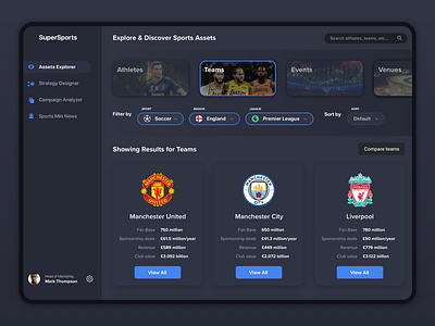 Sports Marketing Platform dark dashboard flat minimal sports web