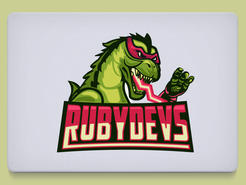 RubyDevs mascot develop mask kaiju logo web developers nerd coding ruby godzilla geek