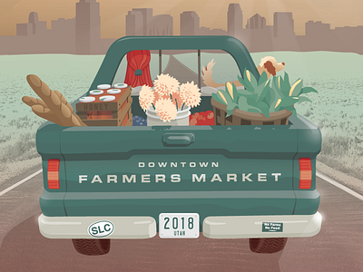 Farmers Market Poster - Vector Illustration bread dog farmers market flowers honey poster road skyline sticker truck veggies