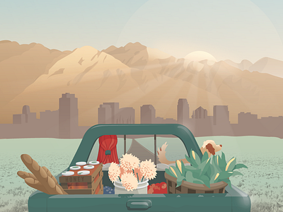 Farmers Market Poster - Vector Illustration pt. 2 dog road skyline sunset truck