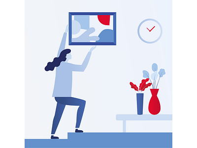 Woman decorating home - Illustration apartment article illustration bankofamerica bettermoneyhabits clock decorating decoration design home homedecor illustration plant plants woman woman illustration