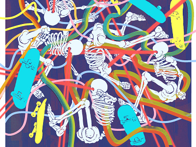 Skatin' Skeletons collage colour digital illustration mixed media skateboard skateboarding skeleton skeletons texture