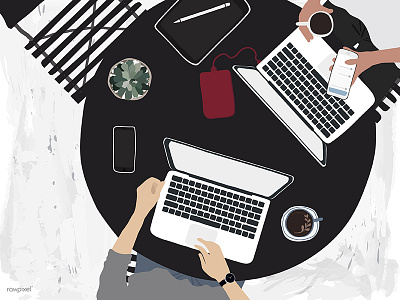 Working coffee flatlay hands illustration laptop men outdoor phone vector