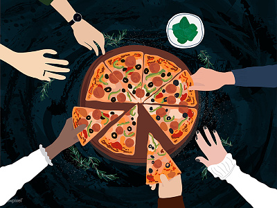 Sharing fast food flatlay group of friends hands illustration pizza sharing top view vector