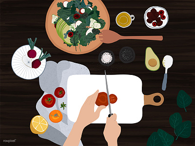 Healthy cooking flatlay fresh fresh salad hands healthy illustration top view vector vegetable