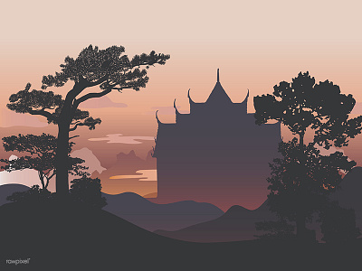 Illustration Landscape 04 illustration mountain natural silhouette temple tree vector