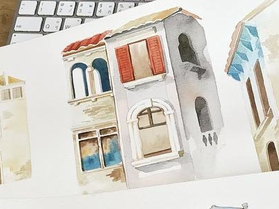 Building watercolors building doodle hand drawn illustration sketch watercolor