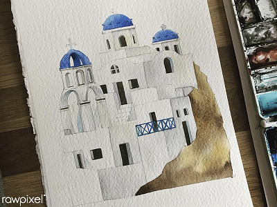 Santorini artwork greece hand make illustration painting santorini watercolor painting watercolors