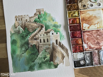 The Great Wall of China artwork hand make illustration painting the great wall of china watercolor painting watercolors