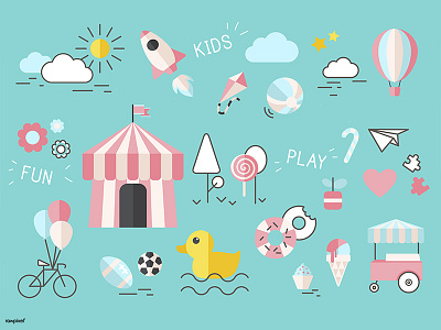 Circus ball balloon cloud cupcake duck fun ice cream illustrations kids play rocket vector