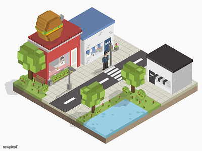 In the city 3d city hamburger illustration park pixel road shop vector