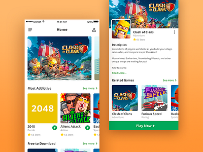 Casual game application home screen & game details view