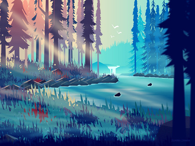 By The Lake_Illustration 3d best design environment art environment design game app game art game asset game design game designer illustration lake illustration landscape illustration nature illustration new trend trend 2019 ui vector artwork vector background vibrant color illustration wood