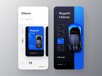 Bugatti Car Shop App artificial intelligence automobiles bmw bugatti car app car booking card clean dashboard design ecommerce app ferrari ios layout minimal mobile app porsche product rental ui ux