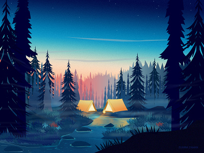 Camping In The Woods article branding camping colorful cover design environment art environment design forest game game art game assets game design illustration jungle lake nature nature illustration travel vector woods