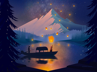 Lanterns celebration chinese new year colorful cover design culture environment art environment design game game assets game design header illustration hero image illustration lake lantern festival lanterns nature illustration night sky travel woods