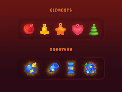 Elements for match-3 2d boosters casual game christmas digital art game art icon match 3 mobile game ui