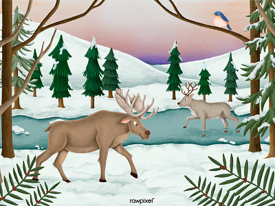 Moose and reindeer in a snow-covered forest
