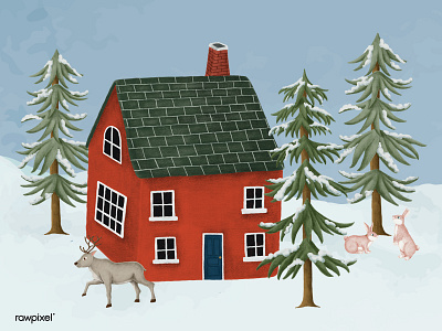 A red house surrounded by wild animals in a snowy forest