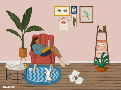 Girl using a laptop on a red couch sketch style vector