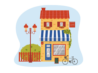 Petit Café 2d bycicle cafe cafeteria coutryside europe flat flat design france french icon illustration red shop store front vector vector art vector design vector illustration yellow