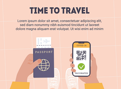 At the airport airport app boarding pass cartoon covid flat flat design hands illustration new normal passport phone pink scene top travel vaccine vector vector design view