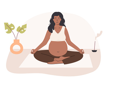 Prenatal Yoga & Meditation asian black woman exercise female flat healthy home illustration indoor meditation mindfullness modern pregnant prenatal relax sport vector wellness woman yoga