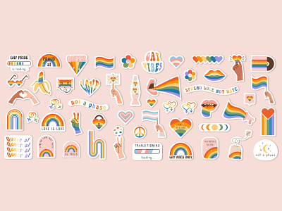 Retro Pride Sticker Pack 1970 70s funky gay gay pride groovy illustration lesbian lgbt lgbt stickers lgbtq love is love pride month queer quote rainbow retro 70s slogan sticker pack vector
