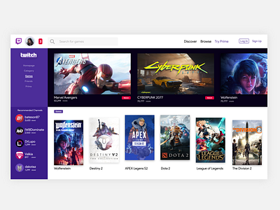 Twitch Redesign Concept app blog dashboad design flat gaming icon interface invite invites landing page logo redesign streaming app twitch ui ux web web design website