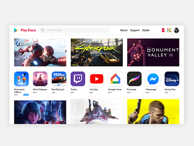 Google Play Store Redesign app blog dashboad design flat games google icon invites landing page logo minimal movies app playstore store twitch ui ux website youtube