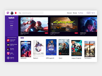 Twitch Redesign Concept app blog dashboad design flat gaming icon interface invite landing page logo redesign streaming app twitch ui ux web web design website