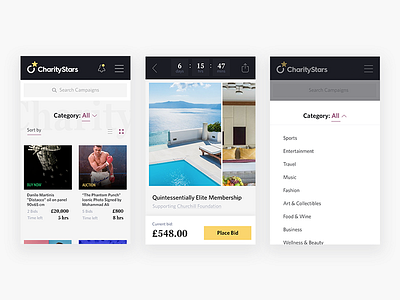charitystars.com app auction bid charity mobile ui ux