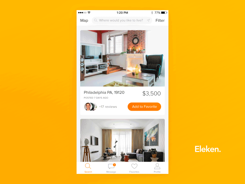 Rental iPhone App animation apartment app booking cards filter flat gif ios iphone rent rental