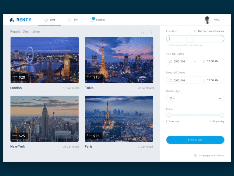 Renty Desktop Web UI WIP animation car filter grid loading rent search slider spiner ui web