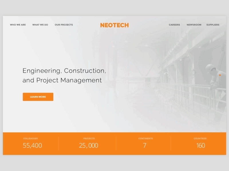 Neotech Landing Page animation appearing carousel construction engineering landing main numbers
